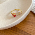 Gold Open Rings With Red Strawberry And Enamel Flower Ends view 6