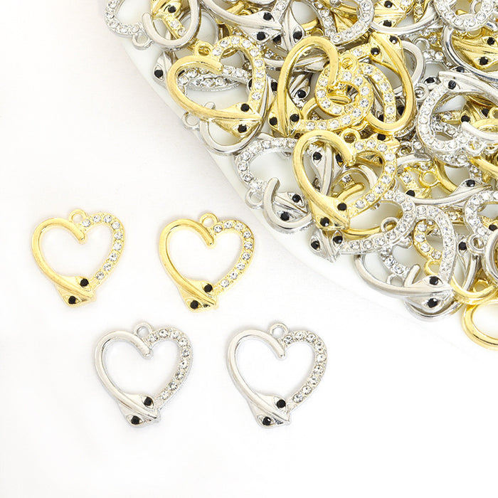 Rhinestone Heart Snake Charms in Gold and Silver Tones
