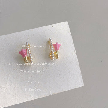 Pink Enamel Tulip Pearl Bar Gold Double Layer Earrings