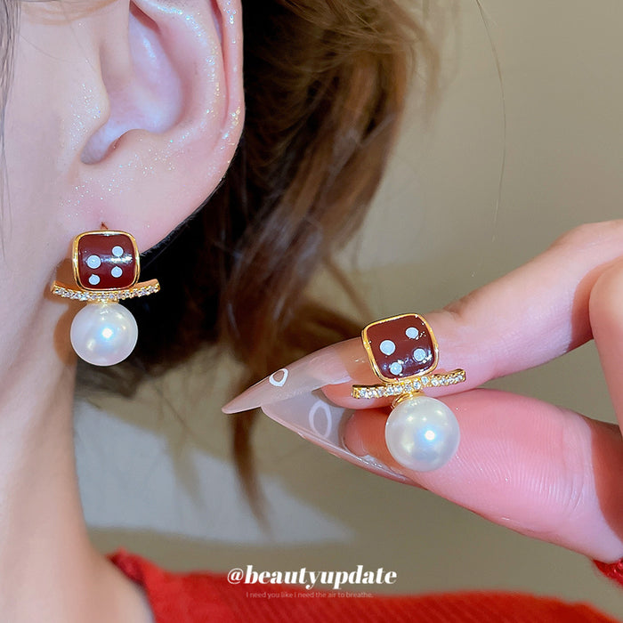 Red Enamel Square and Faux Pearl Drop Huggie Earrings