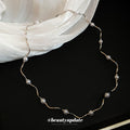 Silver Tone Irregular Pearl Station Necklace with Wavy Chain view 2
