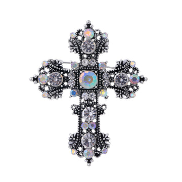 Black Silver Tone Cross Crystal Metal Brooch Pin for Jackets and Lapels