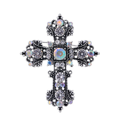 Front product view of the cross brooch pin in silver and black