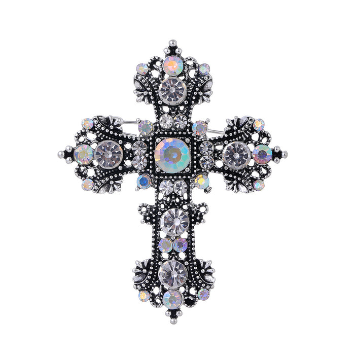 Black Silver Tone Cross Crystal Metal Brooch Pin for Jackets and Lapels