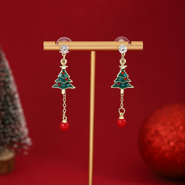 Green Christmas Tree Red Bead Long Dangle Stud Earrings