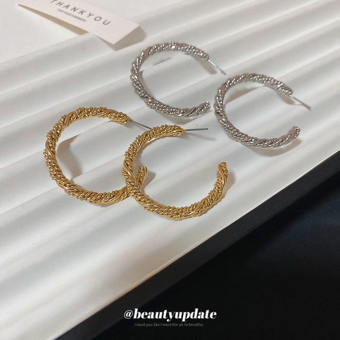 Gold Tone Textured Rope Hoop Stud Earrings Fashion Jewelry