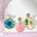 Gold Tone Pressed Flower Resin Geometric Drop Stud Earrings view 5