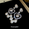Silver Tone Crystal Heart Drop Earrings With White Pearl Dangles view 4