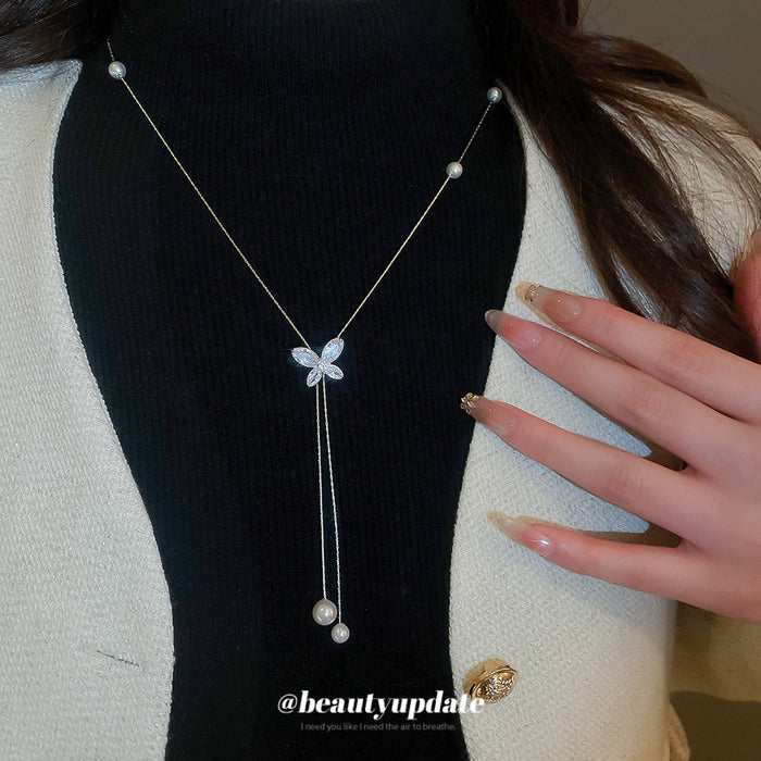 Silver Tone Butterfly Pearl Lariat Necklace Metal Tone Jewelry