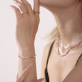 Gold Steel Faux Pearl Square Pink Zircon Necklace and Bracelet Set view 2
