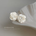White Pearlescent Layered Rose Clear Stone Center Stud Earrings view 3
