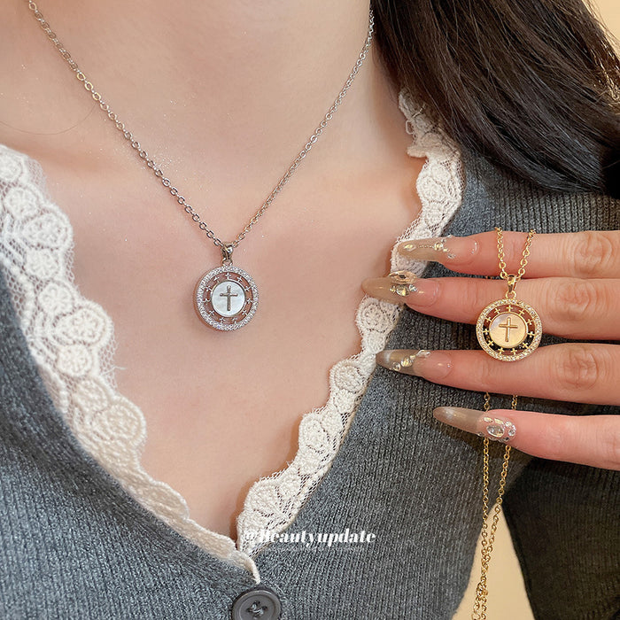 Gold Tone Round Cross Motif Pendant Necklace with Crystals