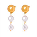 Gold Dome Ball Stud Earrings Dual White Pearl Drop Dangles view 5