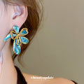 Blue Enamel Petal and Gold Bow Statement Stud Earrings view 3