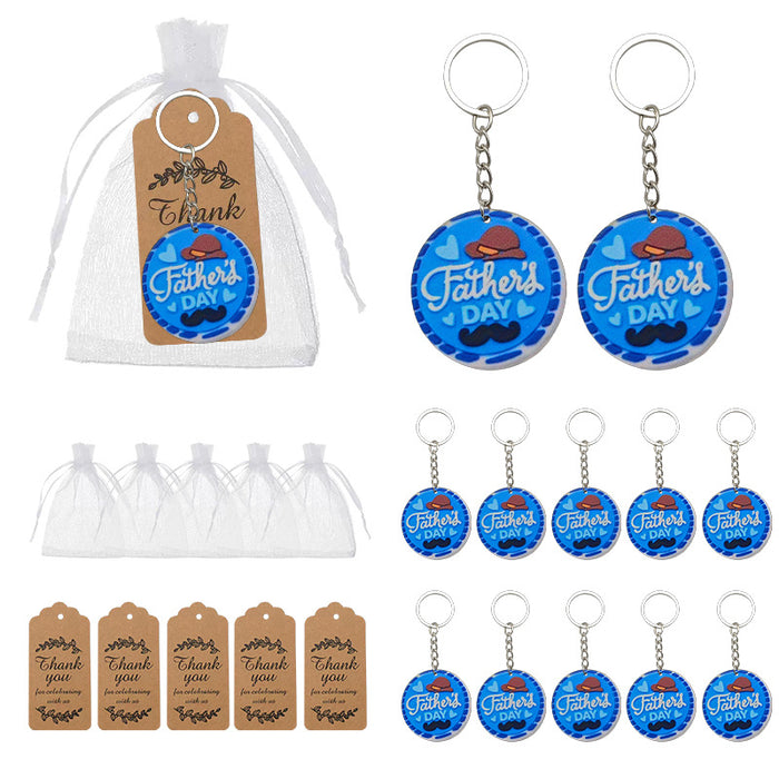 Blue Father Day Hat Mustache Wood Round Keychain Ring