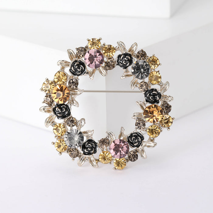 Multicolor Floral Wreath Brooch with Detailed Metal-tone Finish