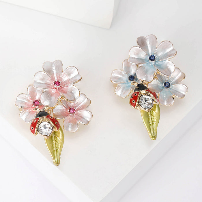 Enamel Flower Ladybug Brooch Blue and Pink Petal Options