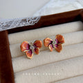 Orange Magenta Enamel Flower Stud Earrings Gold-Tone view 3