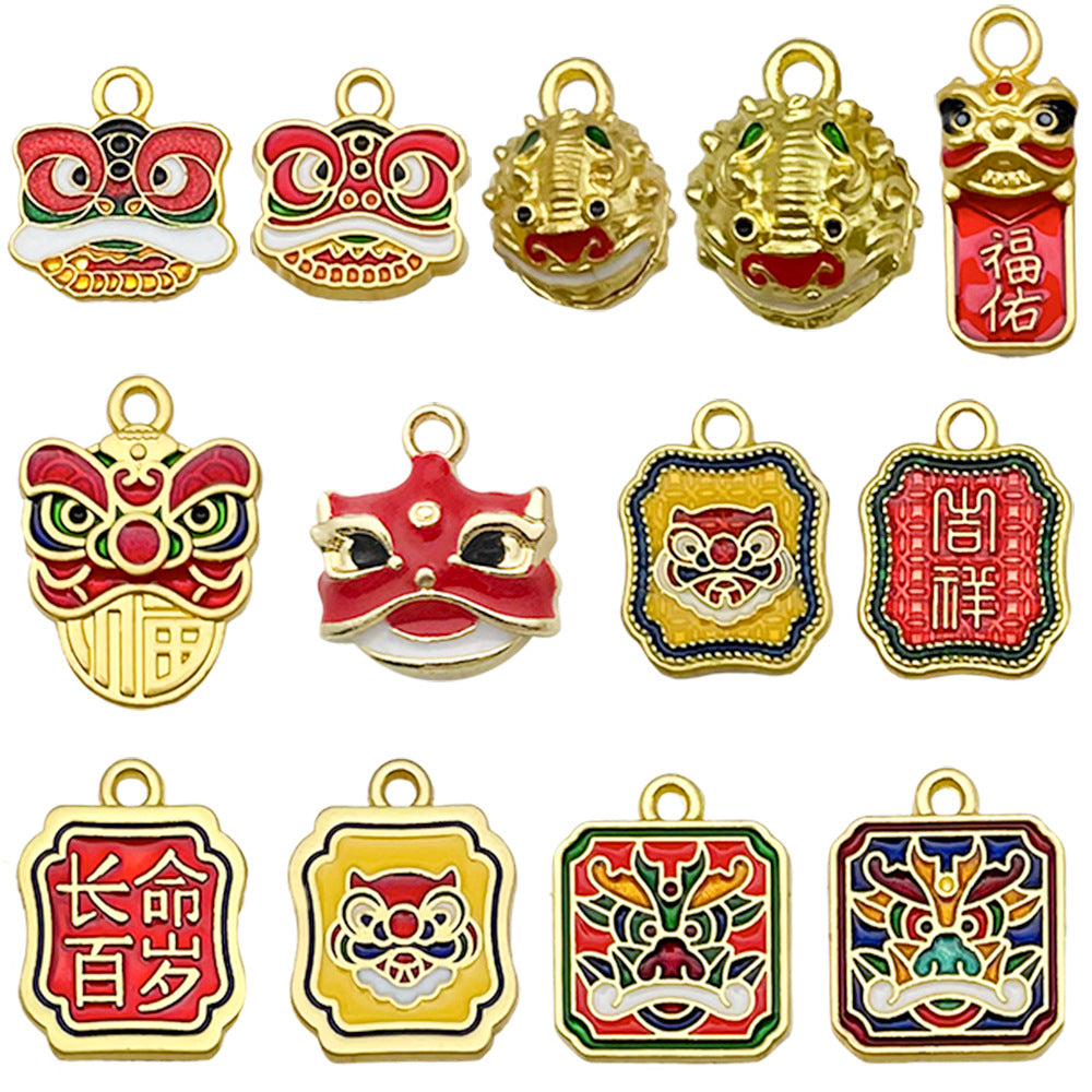 Sand Gold Zinc Alloy Lion Dance Enamel Charm Pendant for DIY Bracelet Necklace