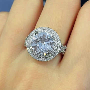 Silver Tone Round Crystal Double Halo Ring Statement Jewelry