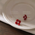 Glossy Red Flower Stud Earrings With White Pearl Centers view 4