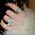 Silver Tone Pearl Like Flower Cluster Ring And Clear Crystal Leaf Ring view 3