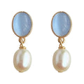 Gold Tone Pale Blue Oval Cat Eye And Baroque Pearl Stud Earrings view 5