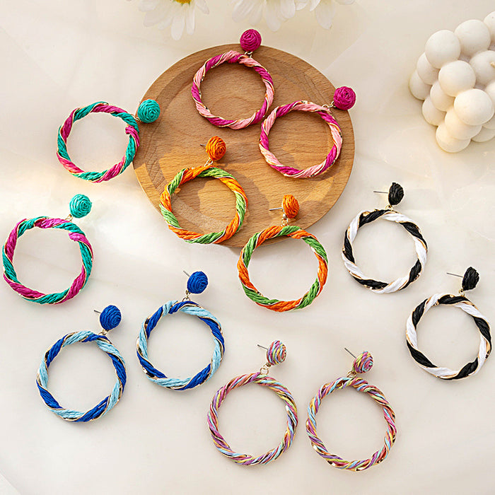 Three Color Woven Round Hoop Statement Dangle Stud Earrings