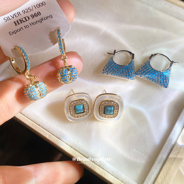 Blue Square Crystal Earrings in Three Designs With Decorative Details