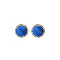 Blue Quilted Fabric Round Stud Earrings Crystal Gold Rim view 5