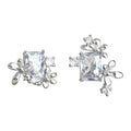 Silver-Tone Asymmetric Rectangle CZ Floral Cluster Stud Earrings view 5