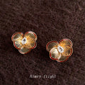 Gold Fan Petal Flower Stud Earrings Burgundy Rim CZ view 3