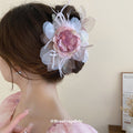 Pink Center Layered Flower Hair Claw With Gray White Petals And Feathers view 1