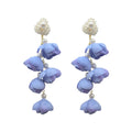 Blue Fabric Flower Pearl Cluster Drop Earrings with Polished Metal Accents view 5