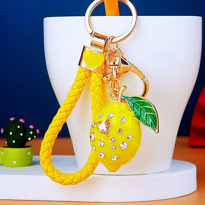 Jeweled Lemon Keychains in Yellow Green and Heart Cord Loop Options