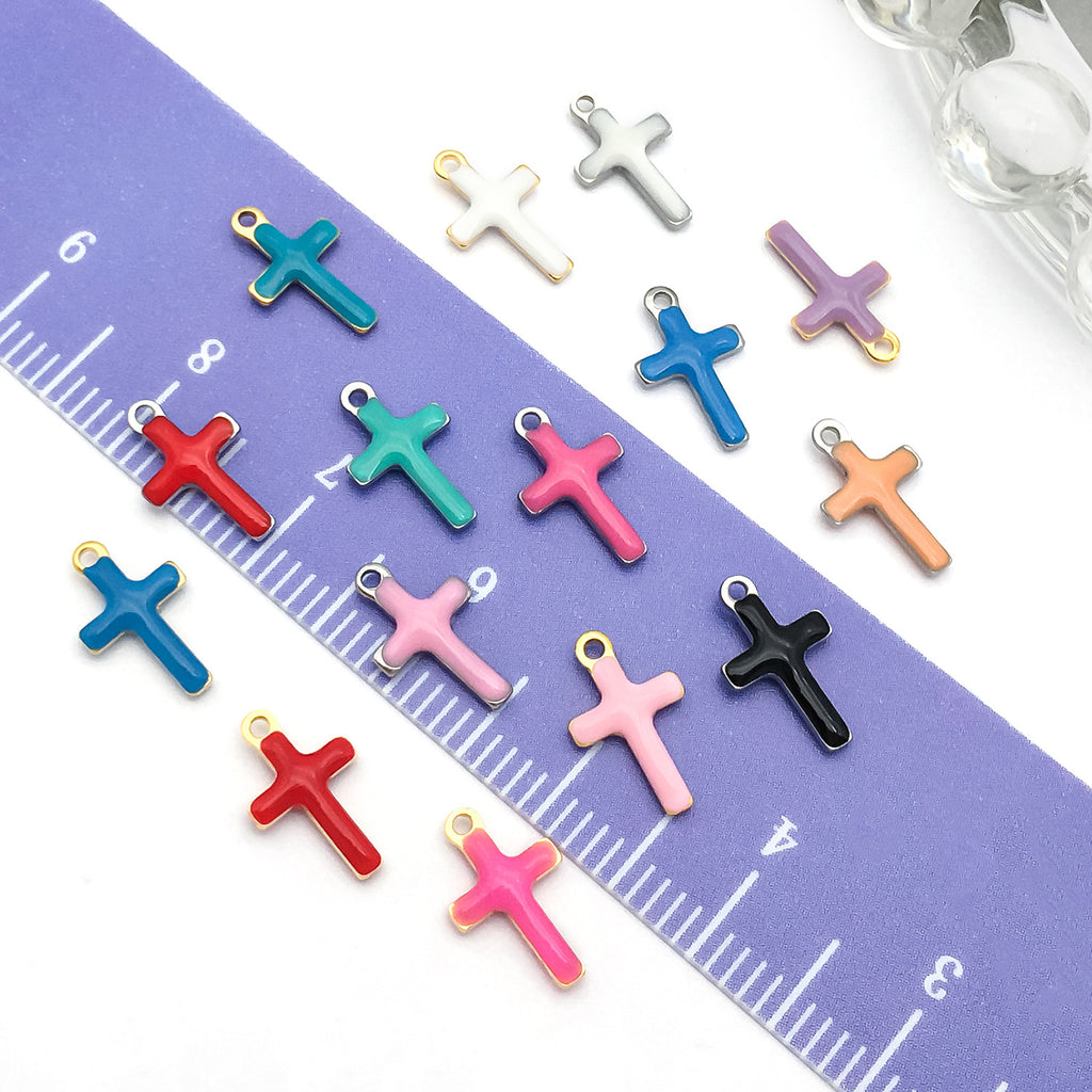 Color Enamel Stainless Steel Cross Double Sided Charm Pendant 10x6mm for DIY Bracelet Jewelry