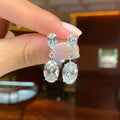 White Metal Pear Oval Clear Stone Dangle Drop Earrings view 3