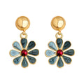 Gold Ball Stud Blue Enamel Daisy Red Center Drop Earrings view 5
