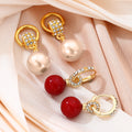 Champagne Pearl Look Crystal Gold Huggie Dangle Earrings view 1