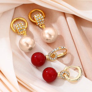 Champagne Pearl Drop Huggie Earrings with Clear Stones, Gold-Tone Alloy