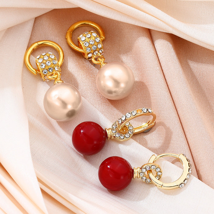 Champagne Pearl Look Crystal Gold Huggie Dangle Earrings