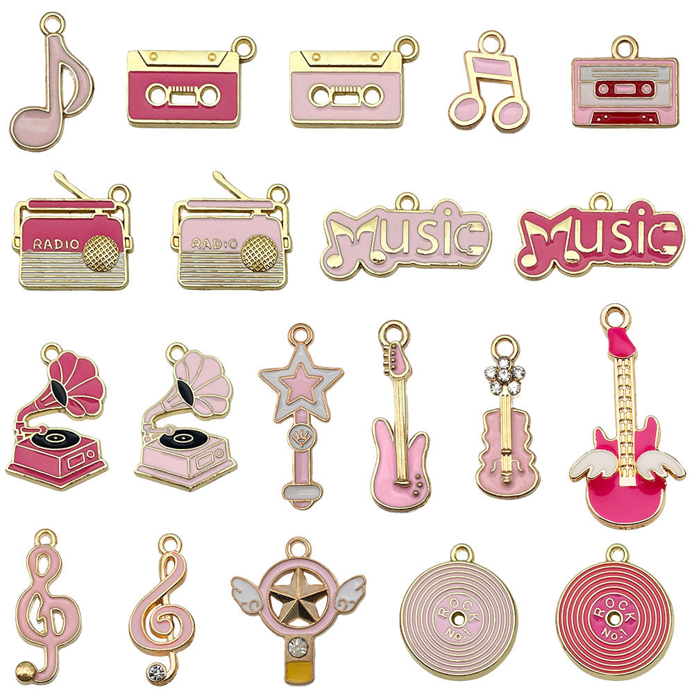 Pink Enamel Zinc Alloy Music Note Piano Guitar Charm Pendant for Keychain Bracelet Necklace Making
