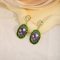 Green and Purple Floral Oval Gold Tone Stud Earrings view 1
