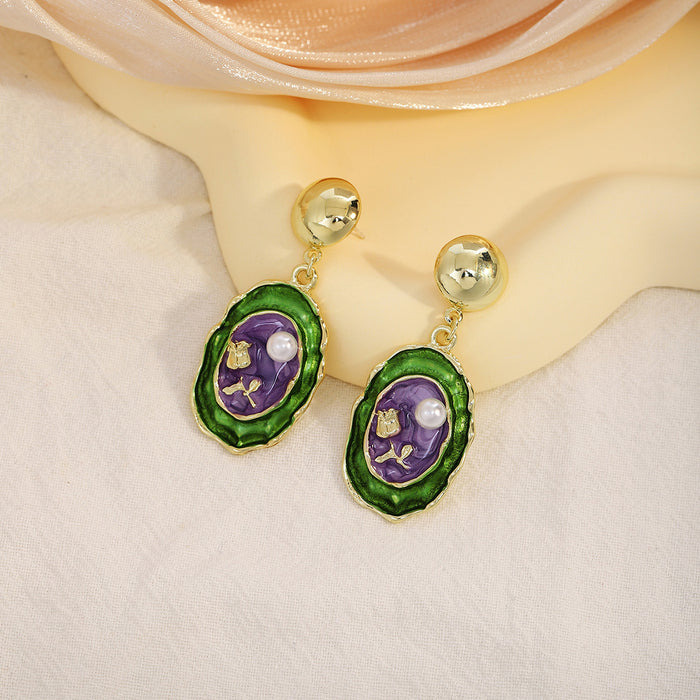 Green and Purple Floral Oval Gold Tone Stud Earrings