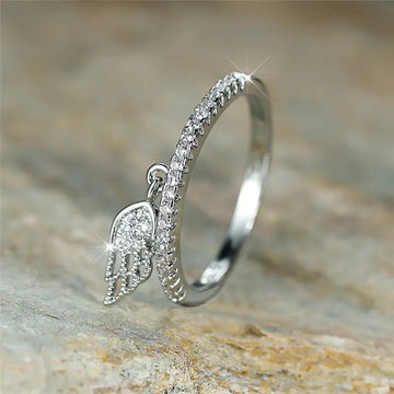 Wing Feather Dangle Pave Band Finger Rings Three Finishes