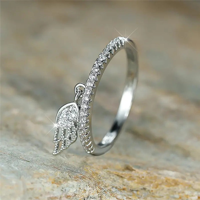 Wing Feather Dangle Pave Band Finger Rings Three Finishes