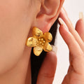 Textured Five Petal Flower Stud Earrings Gold Or Two Tone view 3