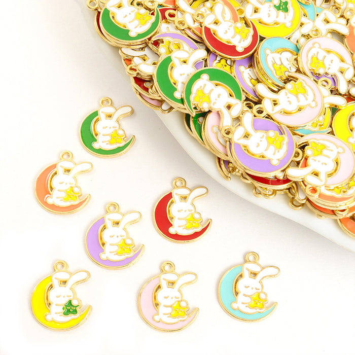 Enamel Rabbit on Crescent Moon Charms in Seven Bright Colors