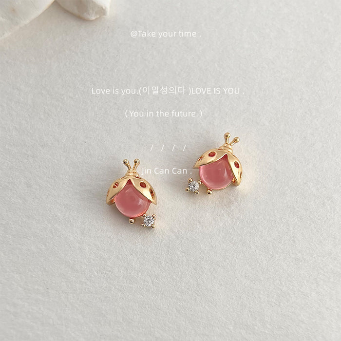 Gold Mini Ladybug Stud Earrings Pink Body Clear Stone Accent
