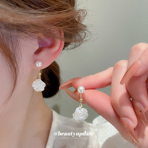 Gold Tone White Pearl Rose Flower Drop Polished Metal Polished Metal Earrings